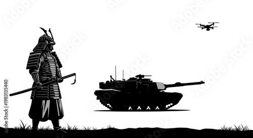 Samurai Warrior Confronts Modern Tank and Drone: A Clash of Eras