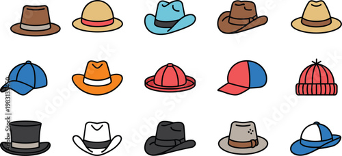 Diverse hat and headwear icon set featuring cowboy hats baseball caps fedoras top hats and beanies for fashion accessory and apparel design concept vector illustration isolated on white background.