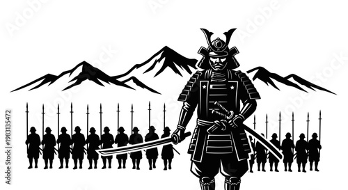Samurai Warrior Leader with Army Silhouette, Mountains Background, Black and White