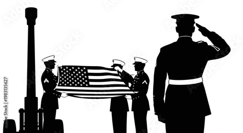 Military Funeral Honor Guard Carrying Flag-Draped Casket with Artillery
