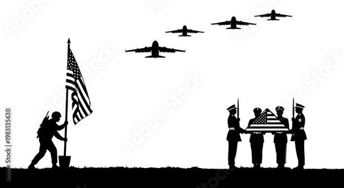 Military Funeral Ceremony: Soldier Raising Flag, Casket Bearers, and Flyover