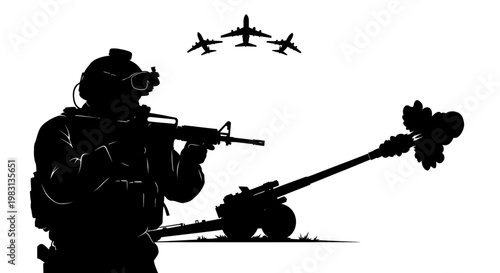 Silhouette of Soldier with Rifle and Artillery, Airplanes Flying Overhead