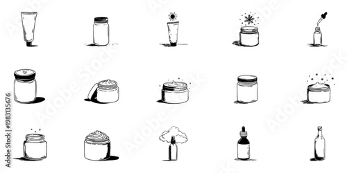 Cosmetic Containers And Skincare Products Doodle Sketch Set. Beauty And Personal Care Items In Hand Drawn Style Collection. Creams, Lotions, Serums, And Jars. Isolated Vector Illustration