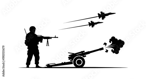 Silhouette of Soldier, Artillery, and Fighter Jets in Combat Scene
