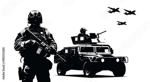 Silhouette of Soldier, Humvee, and Airplanes - Military Operation Concept