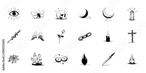 Mystical And Symbolic Elements Doodle Sketch Set. Spirituality, Nature, Mysticism In Hand Drawn Style Collection. Includes Eye, Butterfly, Skull, Moon, Crystal, More. Isolated Vector Illustration