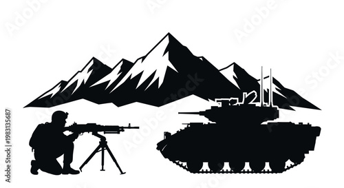 Silhouette of Soldier with Machine Gun and Tank in Snowy Mountains