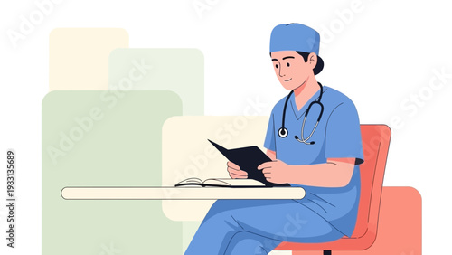 Doctor Reading Book at Desk, Medical Education, Healthcare Professional Studying