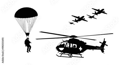 Military Helicopter, Paratrooper, and Fighter Jets Silhouette - Airborne Operations and Air Support