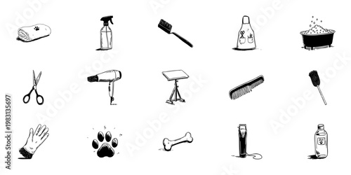 Pet Grooming Tools And Accessories Doodle Sketch Set. Pet Care And Grooming Essentials In Hand Drawn Style Collection. Includes Scissors, Brush, Comb, More. Isolated Vector Illustration