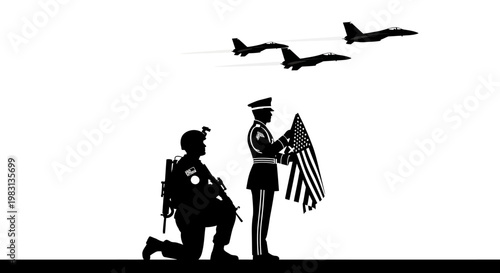 Military Honor Guard and Fighter Jets Flyover Silhouette