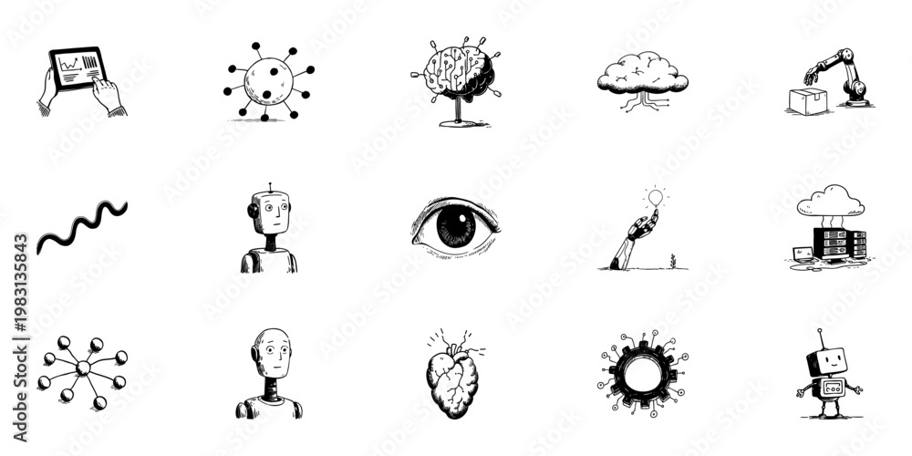 Fototapeta premium Hand-Drawn Technology And Innovation Doodle Sketch Set. Ai, Robotics, Cloud Computing, Data Analysis Collection. Futuristic Concepts And Digital Transformation. Isolated Vector Illustration