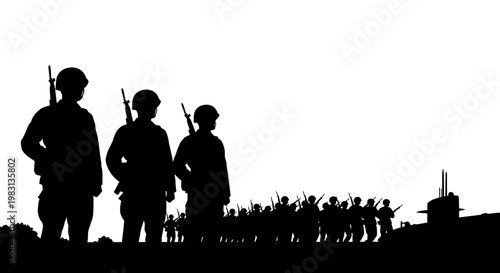 Silhouette of Soldiers and Submarine on White Background