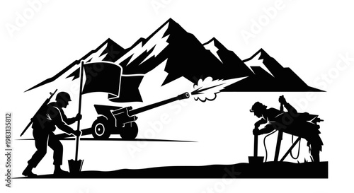 Silhouette of soldiers operating artillery gun with mountains in background
