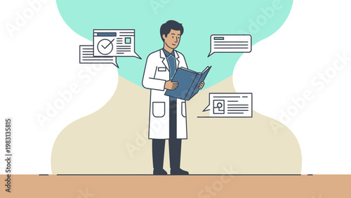 Doctor Reading Medical Book with Information Bubbles and Patient Card
