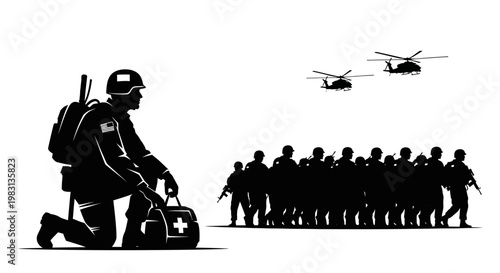 Military Medic with First Aid Kit and Soldiers, Helicopters Overhead