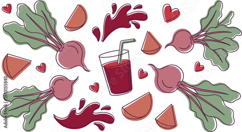 Beetroot Vegetable Vector Pattern with Whole Roots, Slices, Leaves and Juice in Flat Style for Healthy Food Backgrounds, Organic Design, and Packaging Use