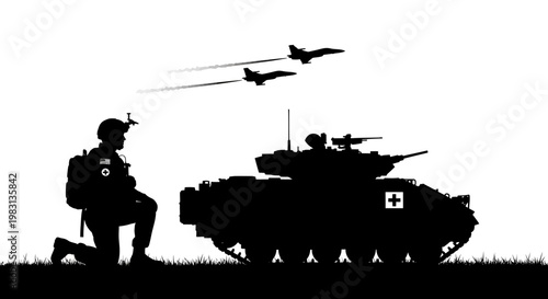 Military Medic, Tank, and Jets Silhouette - Combat Support and Air Power
