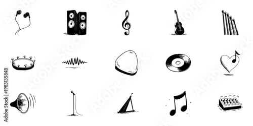 Musical Instruments And Symbols Doodle Sketch Set. Music, Sound, Audio Elements In Hand Drawn Style Collection. Headphones, Speakers, Guitar, Microphone, More. Isolated Vector Illustration