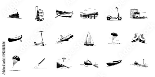 Transportation And Travel Doodle Sketch Set. Diverse Modes Of Transport In Hand Drawn Style Collection. Isolated Vector Illustration