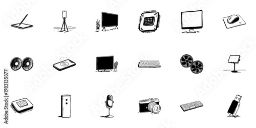 Electronic Devices And Accessories Doodle Sketch Set. Technology Gadgets And Digital Tools In Hand Drawn Style Collection. Includes Tablets, Monitors, Keyboards, And More. Isolated Vector Illustration