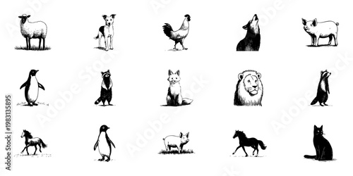 Animal Doodle Sketch Set. Diverse Wildlife And Farm Animals In Hand Drawn Style Collection. Dog, Rooster, Wolf, Pig, Penguin, Raccoon, Fox, Lion, Badger, Horse, Cat. Isolated Vector Illustration