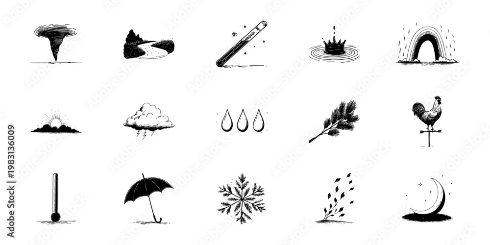 Naklejka premium Weather And Nature Elements Doodle Sketch Set. Tornado, Rainbow, Thermometer, Raindrops, More In Hand Drawn Style Collection. Atmospheric Phenomena And Seasonal Symbols. Isolated Vector Illustration