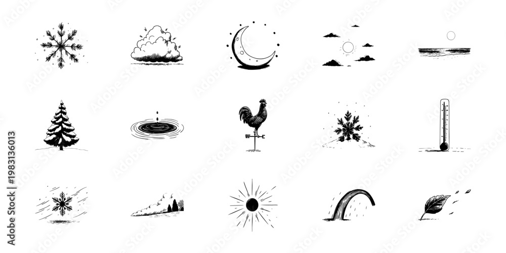 Fototapeta premium Weather And Nature Elements Doodle Sketch Set. Seasonal Changes, Climate Symbols, And Natural Phenomena In Hand Drawn Style Collection. Isolated Vector Illustration