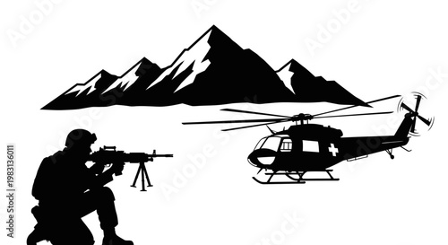 Silhouette Soldier with Machine Gun and Medical Helicopter in Snowy Mountains