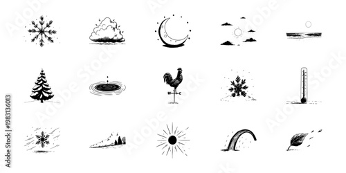 Weather And Nature Elements Doodle Sketch Set. Seasonal Changes, Climate Symbols, And Natural Phenomena In Hand Drawn Style Collection. Isolated Vector Illustration