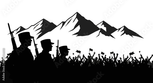 Silhouette Soldiers Marching Towards Mountains with Cheering Crowd and Flags