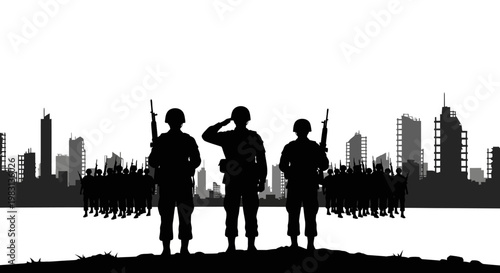 Silhouette Soldiers Saluting Against City Skyline