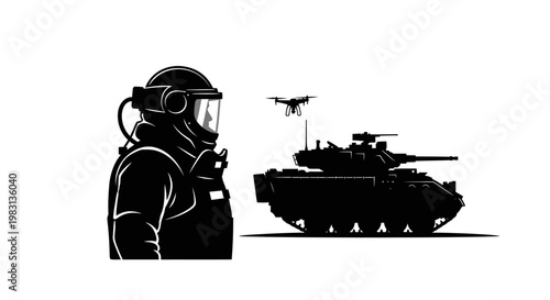 Soldier in Hazmat Suit with Drone and Military Tank Silhouette