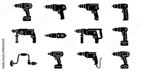 Industrial power drill icons set, professional electric screwdriver and hammer drill vector silhouettes, 12 construction tool elements for hardware store