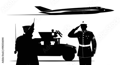 Military Salute: Jet, Humvee, and Soldiers in Silhouette