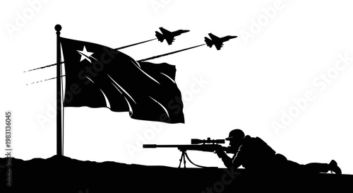 Sniper Aims at Flag with Fighter Jets Flying Past, Military Power Concept