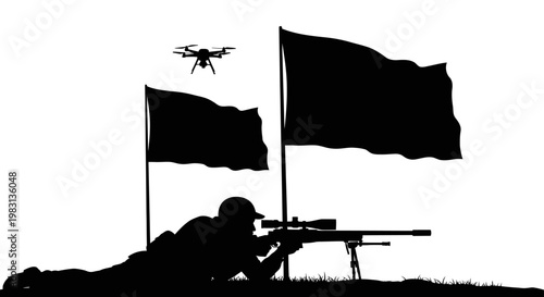 Sniper Aims Drone Surveillance With Flags Silhouette