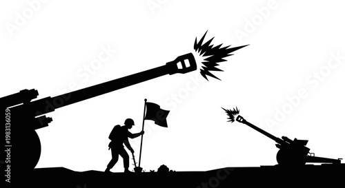 Soldier Planting Flag Between Artillery Guns in Silhouette