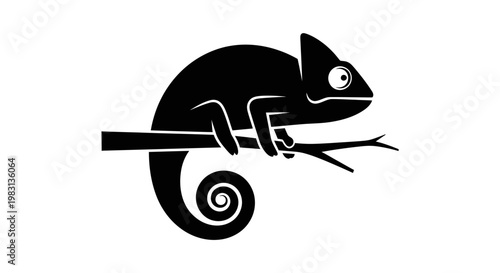 Black Chameleon Silhouette on Branch, Minimalist Design, Isolated on White