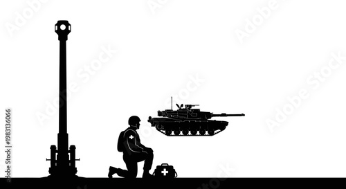 Soldier Kneeling by Tank and Artillery, Medical Kit Ready