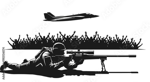 Sniper soldier aiming rifle with fighter jet flying over cheering crowd silhouette