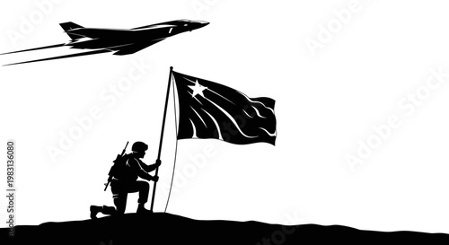 Soldier Planting Flag on Hilltop with Jet Flying Overhead