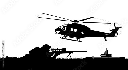 Sniper Soldier in Silhouette with Helicopter and Military Equipment