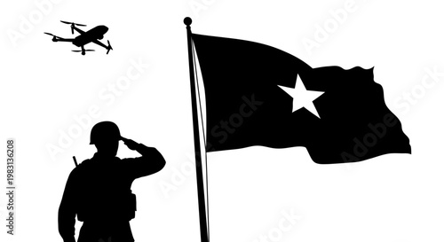 Soldier Salutes Flag with Drone Overhead, Symbolizing Modern Warfare and Patriotism