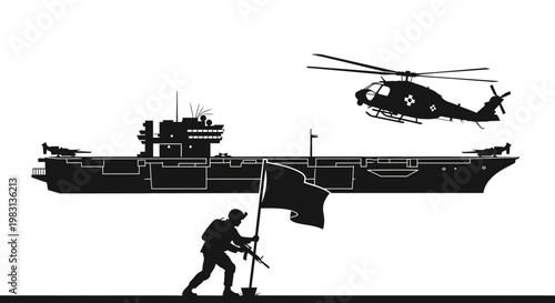 Soldier plants flag on aircraft carrier deck with helicopter overhead, military operation concept