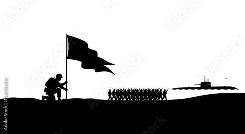 Soldier Planting Flag with Marching Troops and Submarine Silhouette
