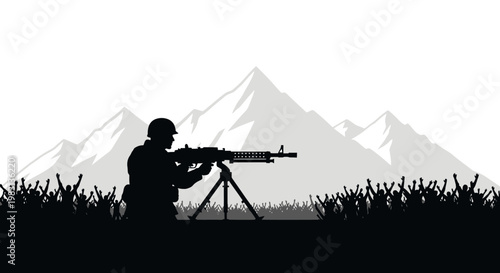 Soldier with Machine Gun Silhouette, Mountain Landscape, Crowd Celebration