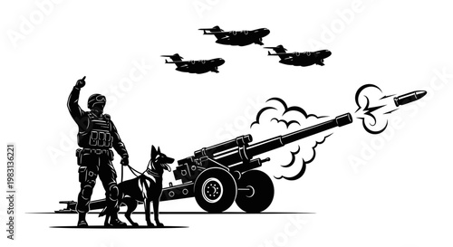 Soldier with military dog and artillery firing missile, aircraft in background, war concept