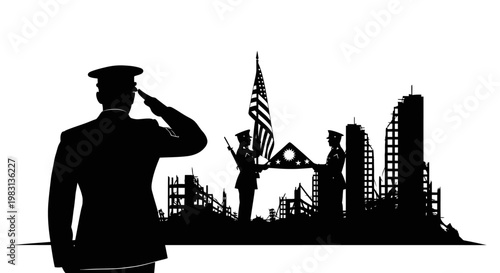 Soldier Saluting American Flag Amidst City Ruins Silhouette