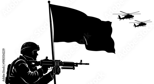 Soldier with rifle and black flag, helicopters flying, military concept